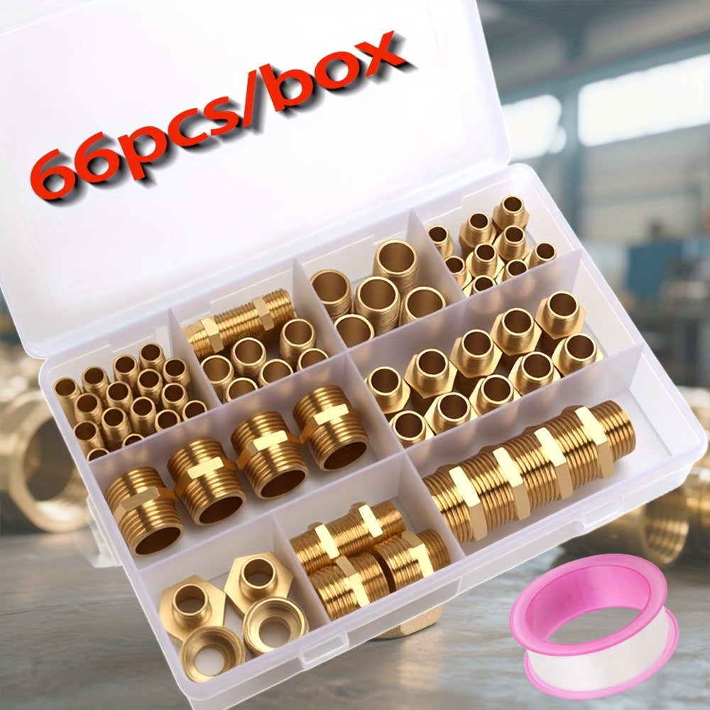 40pcs/66pcs of Brass Hex Nut Fittings 1/8" 1/4" 3/8" 1/2" 3/4" BSP Male Threaded Quick Connectors Suitable for Garden Water, Oil, RV, And Kitchen Pipe Connections.