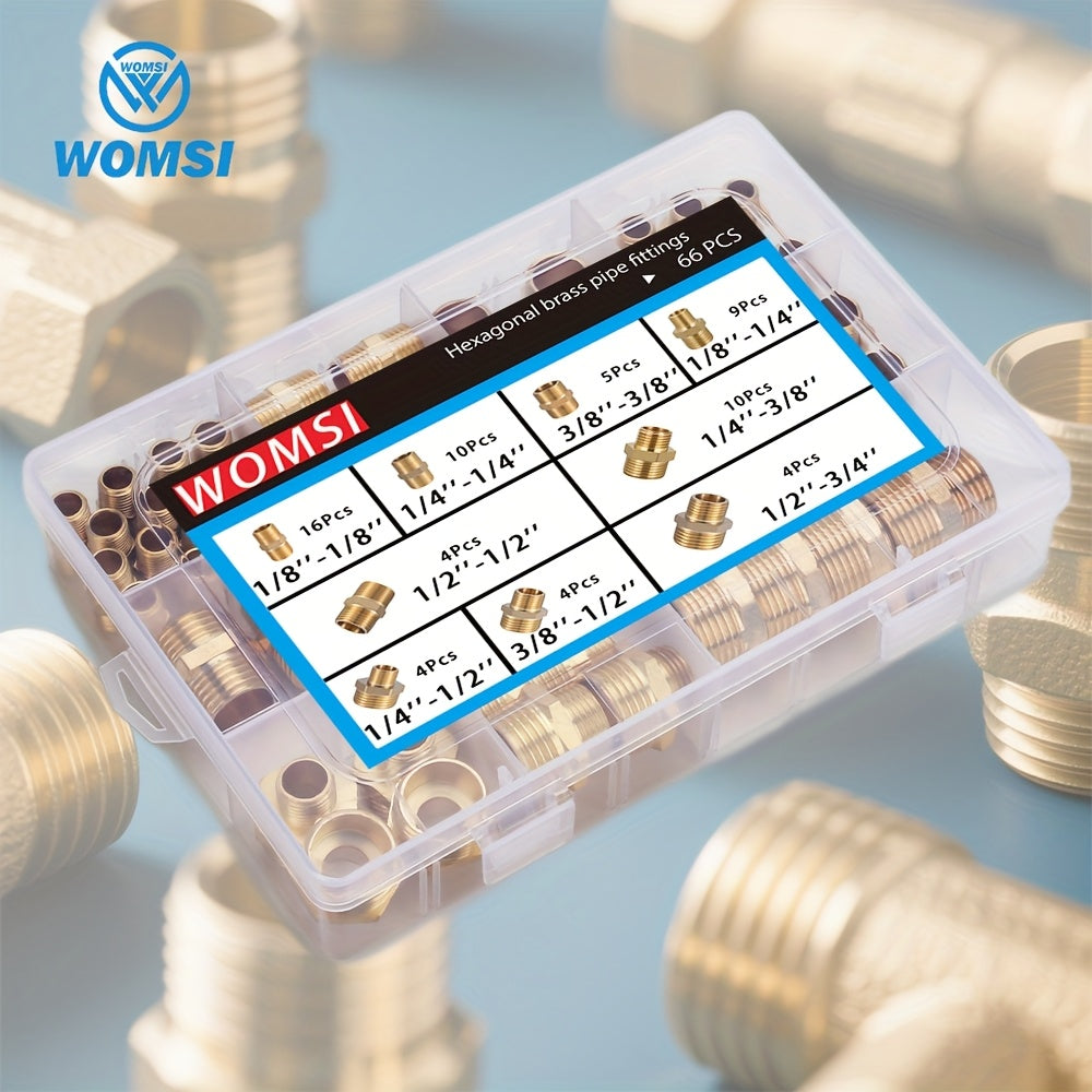 40pcs/66pcs of Brass Hex Nut Fittings 1/8" 1/4" 3/8" 1/2" 3/4" BSP Male Threaded Quick Connectors Suitable for Garden Water, Oil, RV, And Kitchen Pipe Connections.
