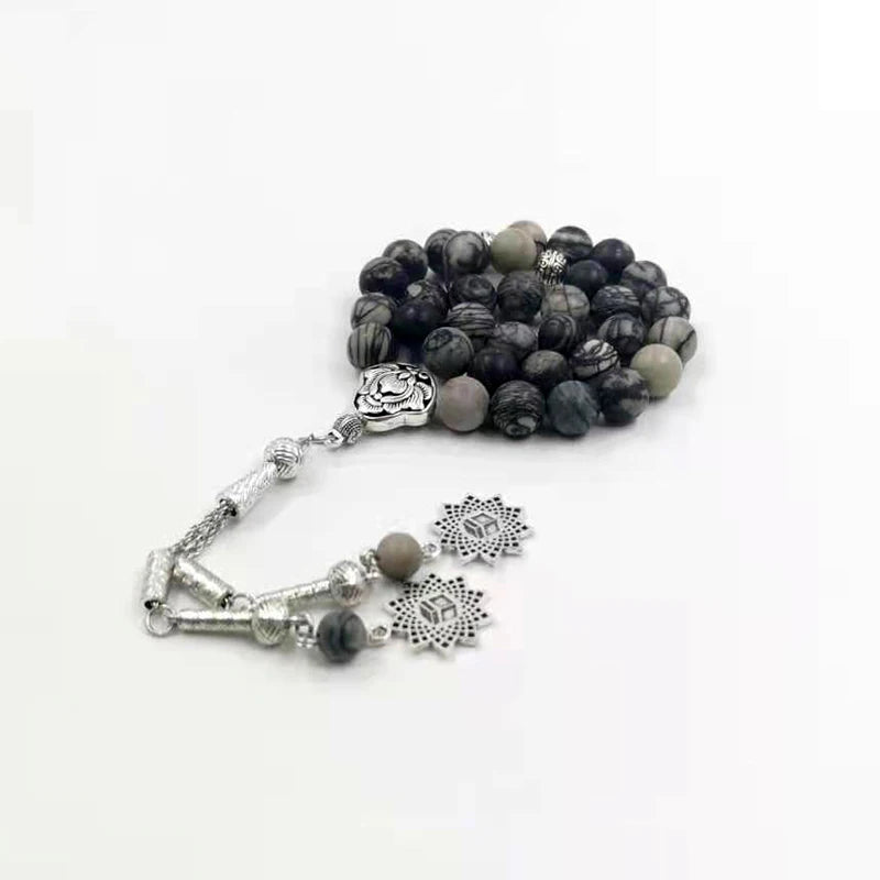 Natural Black Network Jasper with arabic pendant misbaha muslim prayer beads islamic eid gift rosary Tasbih