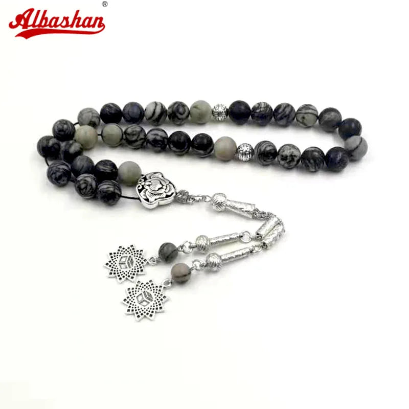 Natural Black Network Jasper with arabic pendant misbaha muslim prayer beads islamic eid gift rosary Tasbih