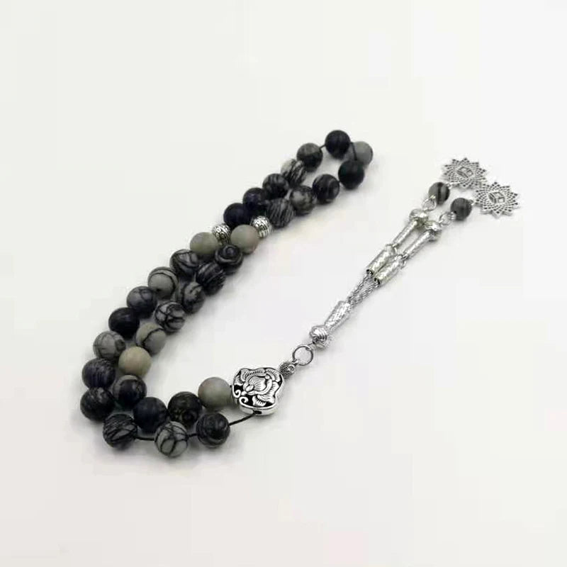 Natural Black Network Jasper with arabic pendant misbaha muslim prayer beads islamic eid gift rosary Tasbih