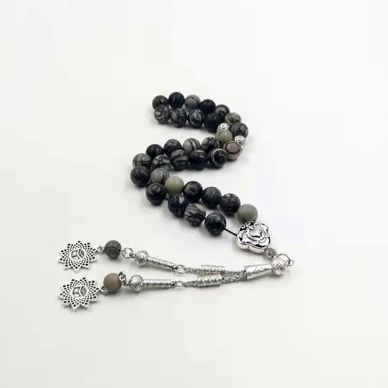 Natural Black Network Jasper with arabic pendant misbaha muslim prayer beads islamic eid gift rosary Tasbih