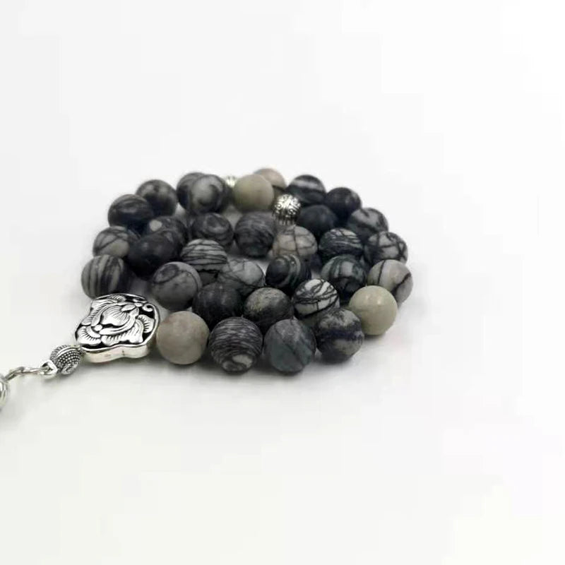 Natural Black Network Jasper with arabic pendant misbaha muslim prayer beads islamic eid gift rosary Tasbih