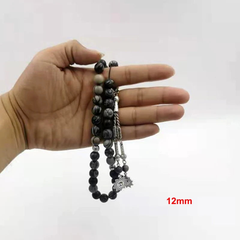 Natural Black Network Jasper with arabic pendant misbaha muslim prayer beads islamic eid gift rosary Tasbih