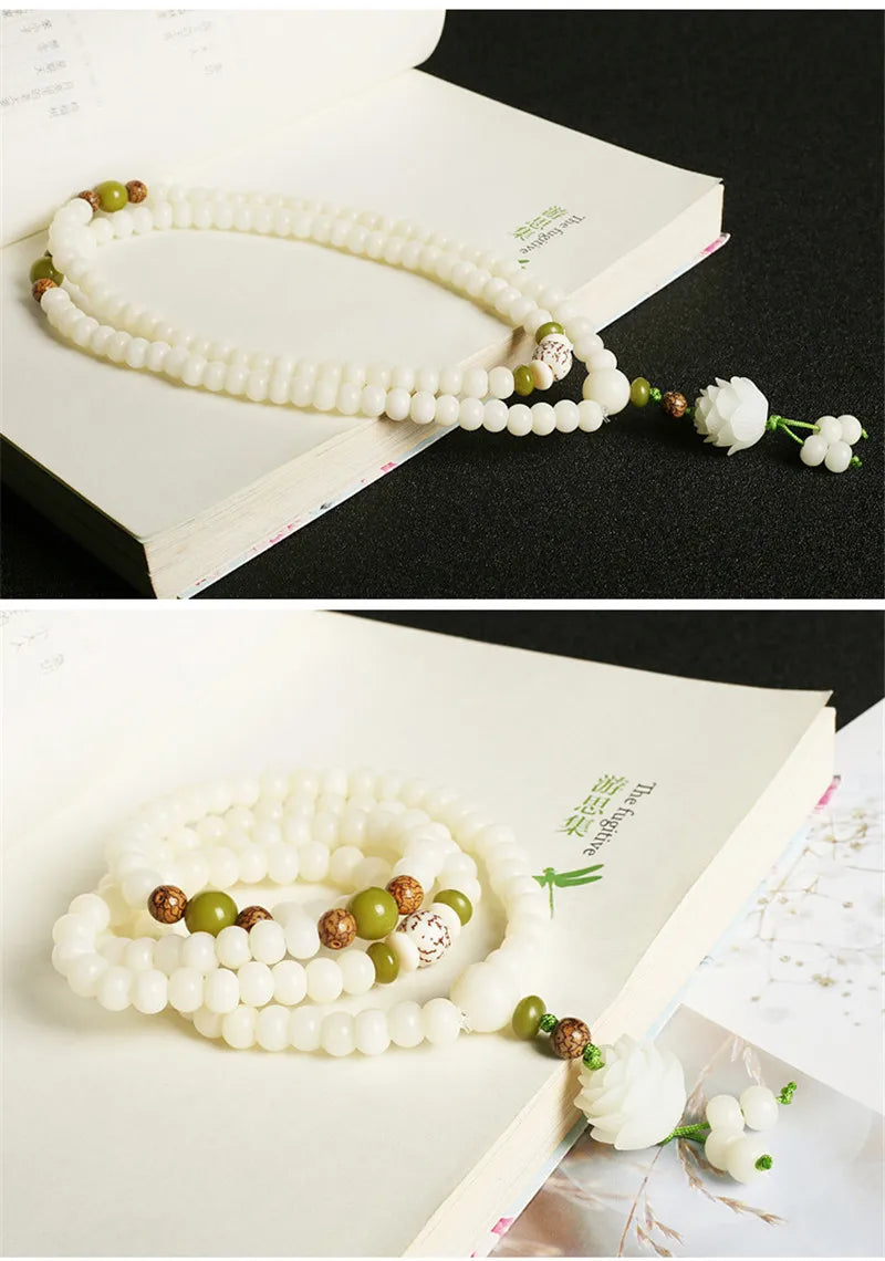 108*8mm Original Design Natural White Bodhi Root Beads Bracelet Lotus Bract for Women Meditation Balancing Jewelry Gift