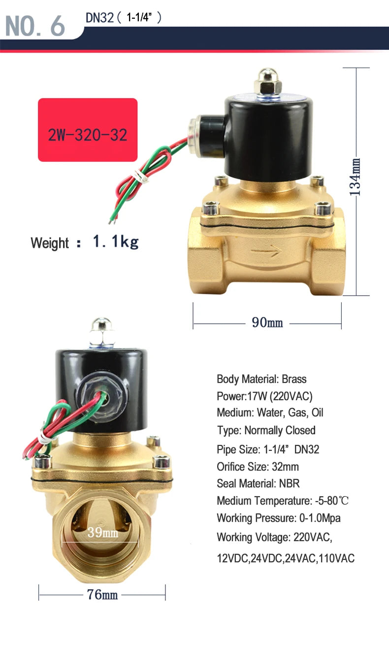 1/2" 3/4" 1" 2" inch Normally Closed Brass Solenoid Valve 220VAC 110VAC 24VDC 12VDC 24VAC Direct Acting For Water Gas Oil