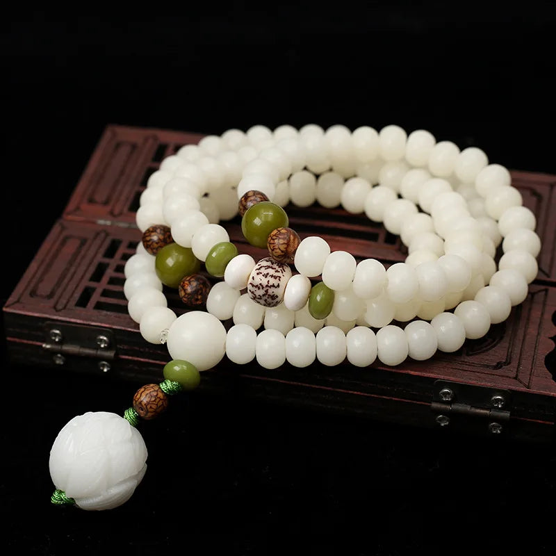 108*8mm Original Design Natural White Bodhi Root Beads Bracelet Lotus Bract for Women Meditation Balancing Jewelry Gift