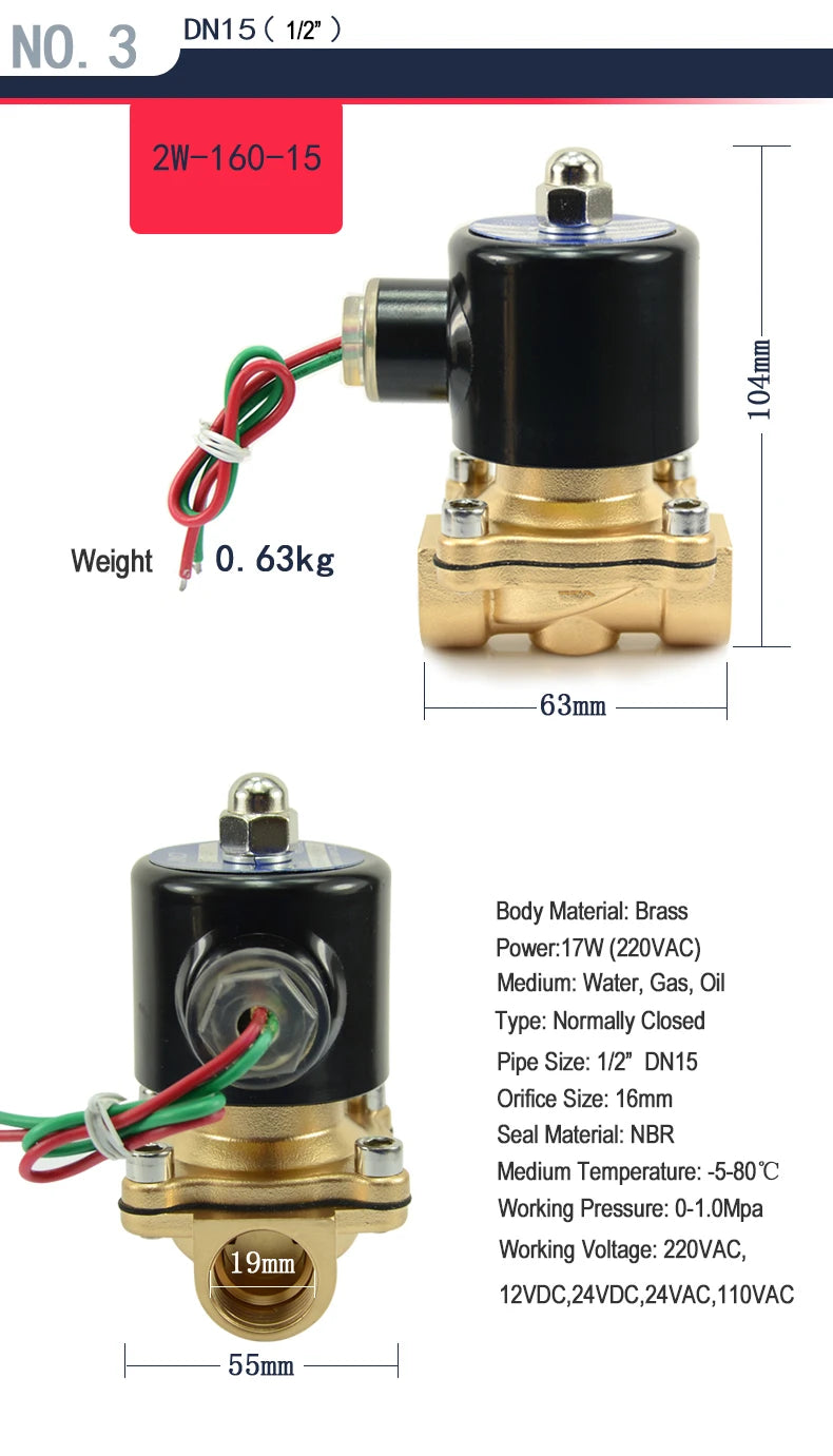 1/2" 3/4" 1" 2" inch Normally Closed Brass Solenoid Valve 220VAC 110VAC 24VDC 12VDC 24VAC Direct Acting For Water Gas Oil