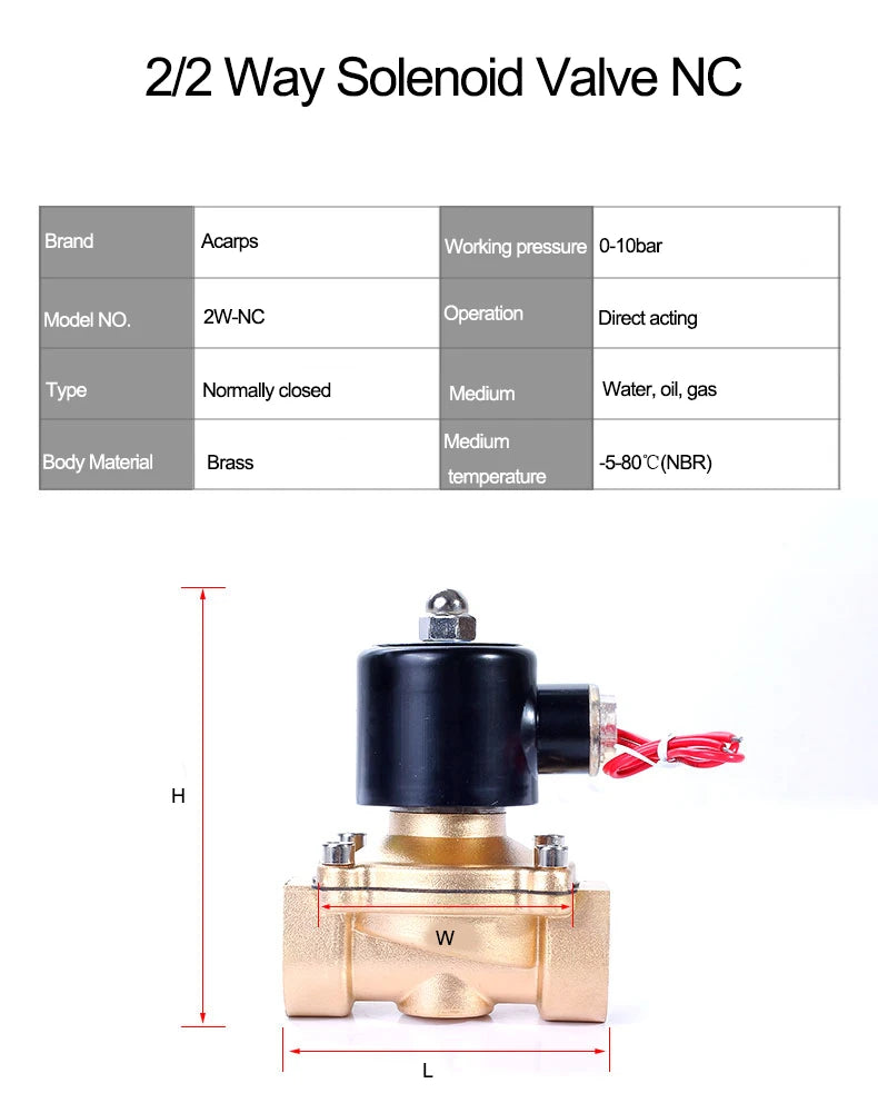 1/2" 3/4" 1" 2" inch Normally Closed Brass Solenoid Valve 220VAC 110VAC 24VDC 12VDC 24VAC Direct Acting For Water Gas Oil