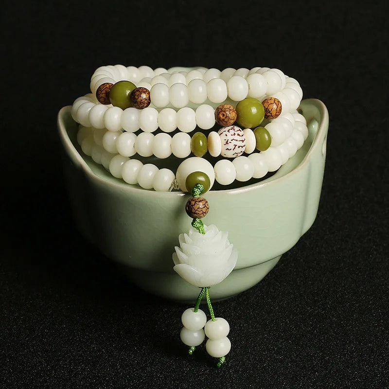 108*8mm Original Design Natural White Bodhi Root Beads Bracelet Lotus Bract for Women Meditation Balancing Jewelry Gift