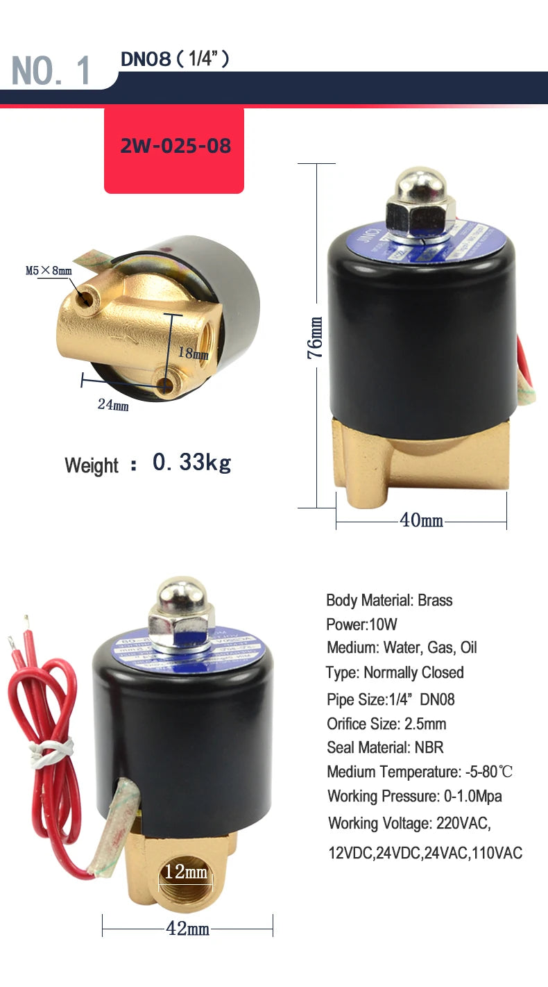 1/2" 3/4" 1" 2" inch Normally Closed Brass Solenoid Valve 220VAC 110VAC 24VDC 12VDC 24VAC Direct Acting For Water Gas Oil