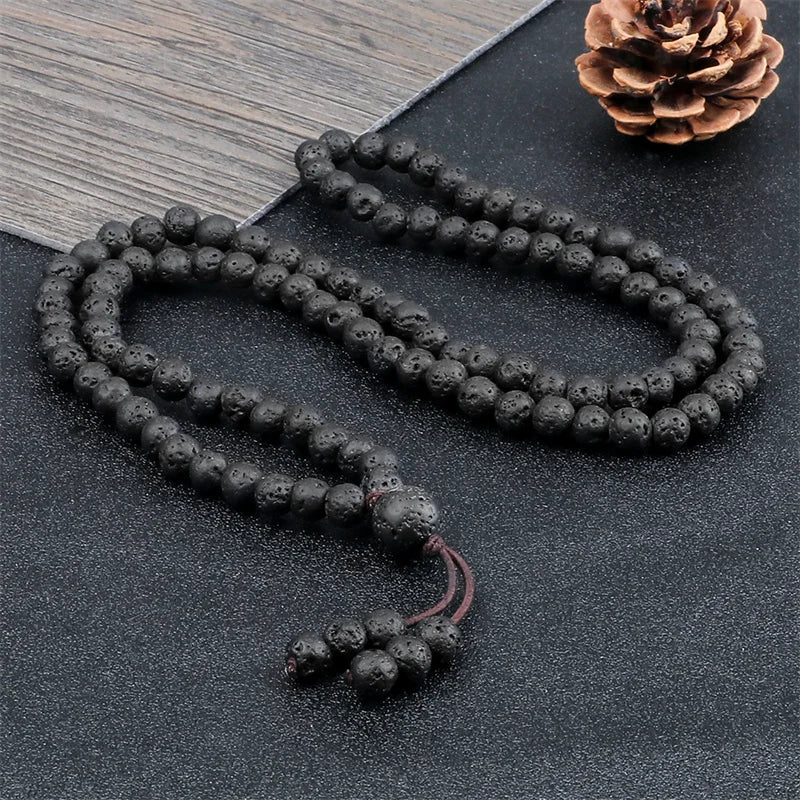 6mm Black Natural Lava Stone Bracelet Meditation Prayer Yoga 108 Mala Beads Necklace for Women Men Charm Bracelets Jewelry Gift