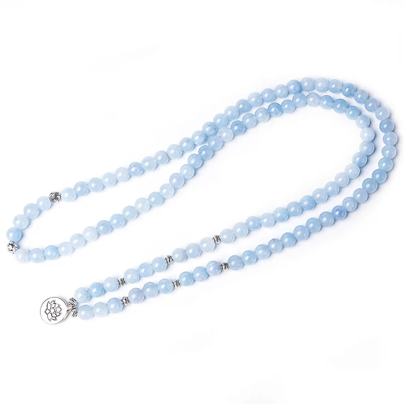108 8mm Aquamarine Beaded Elastic Cord Wrap Mala Bracelet Meditation Yoga Healing Jewelry Women Charm Rosary Lotus Bangle