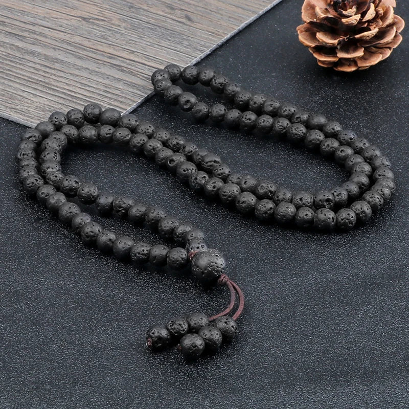6mm Black Natural Lava Stone Bracelet Meditation Prayer Yoga 108 Mala Beads Necklace for Women Men Charm Bracelets Jewelry Gift