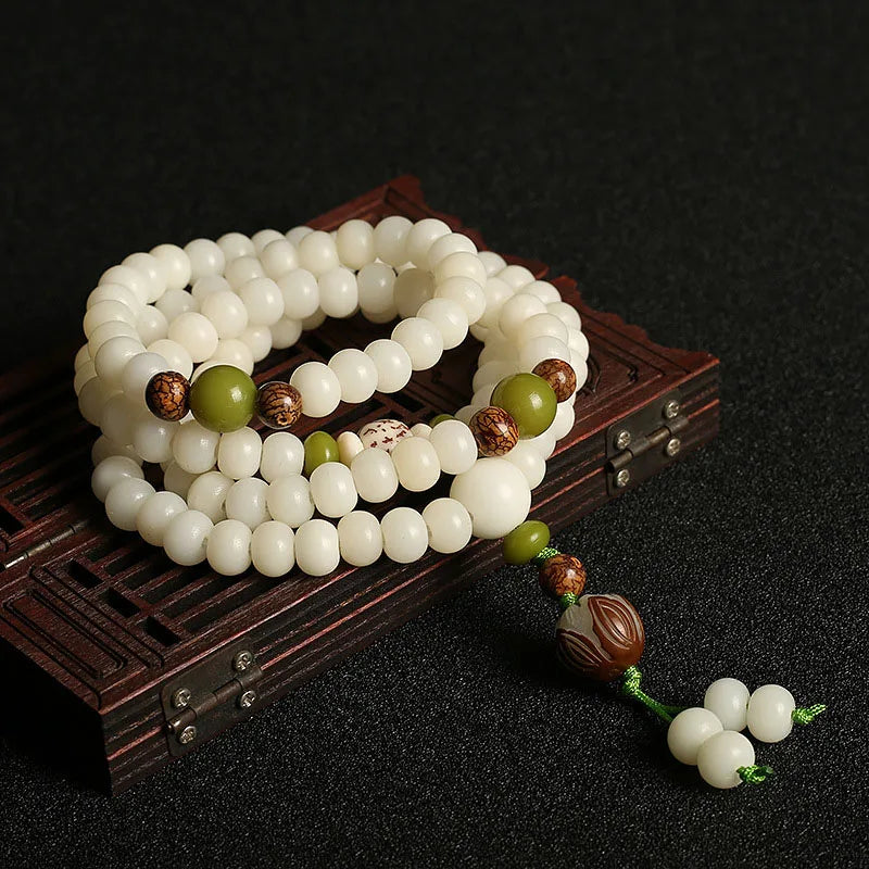 108*8mm Original Design Natural White Bodhi Root Beads Bracelet Lotus Bract for Women Meditation Balancing Jewelry Gift