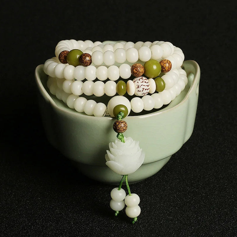 108*8mm Original Design Natural White Bodhi Root Beads Bracelet Lotus Bract for Women Meditation Balancing Jewelry Gift