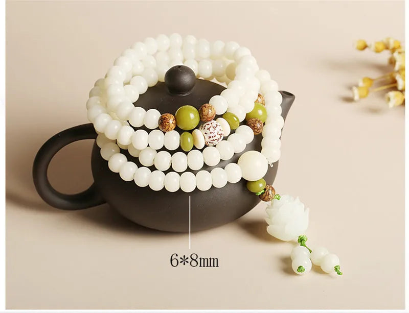 108*8mm Original Design Natural White Bodhi Root Beads Bracelet Lotus Bract for Women Meditation Balancing Jewelry Gift