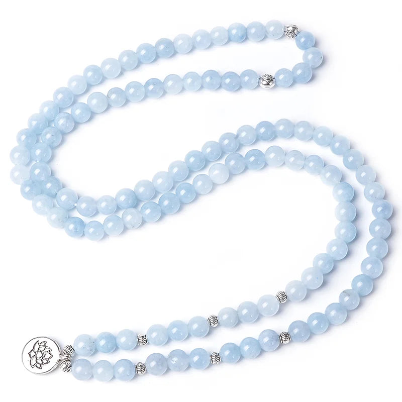 108 8mm Aquamarine Beaded Elastic Cord Wrap Mala Bracelet Meditation Yoga Healing Jewelry Women Charm Rosary Lotus Bangle