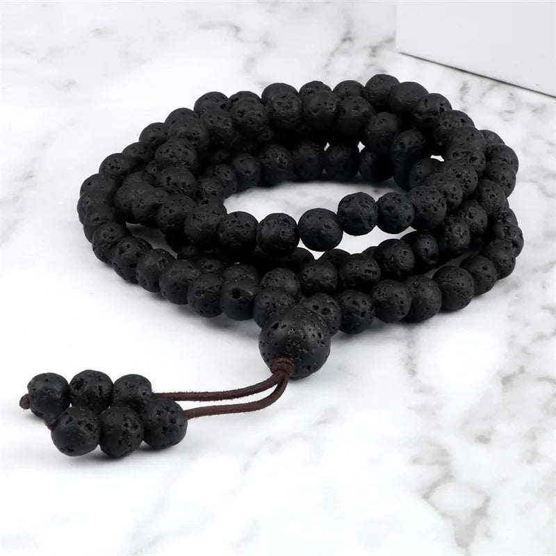 6mm Black Natural Lava Stone Bracelet Meditation Prayer Yoga 108 Mala Beads Necklace for Women Men Charm Bracelets Jewelry Gift