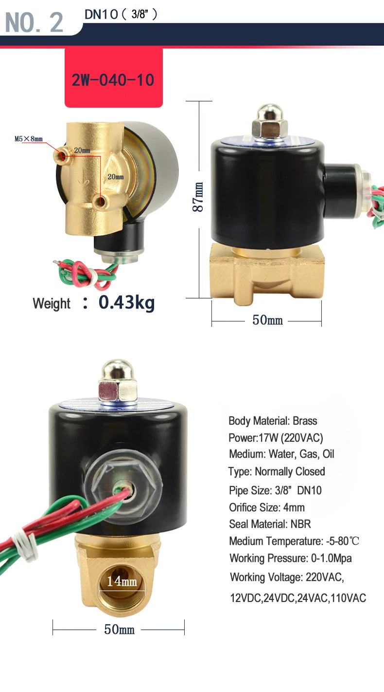 1/2" 3/4" 1" 2" inch Normally Closed Brass Solenoid Valve 220VAC 110VAC 24VDC 12VDC 24VAC Direct Acting For Water Gas Oil