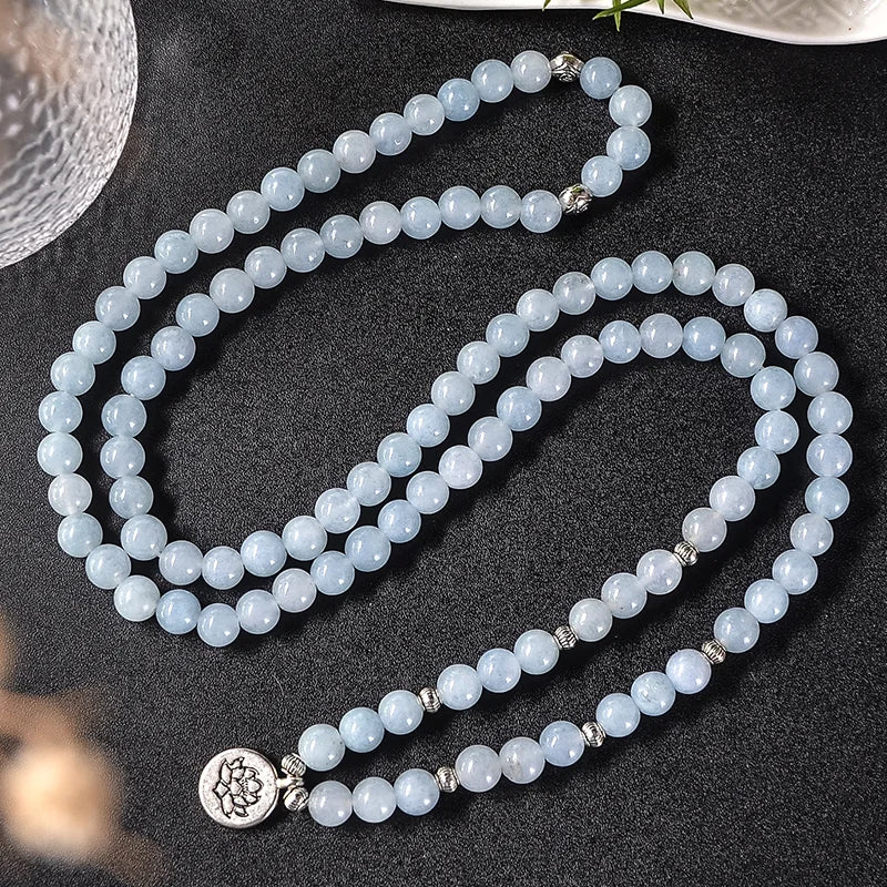 108 8mm Aquamarine Beaded Elastic Cord Wrap Mala Bracelet Meditation Yoga Healing Jewelry Women Charm Rosary Lotus Bangle