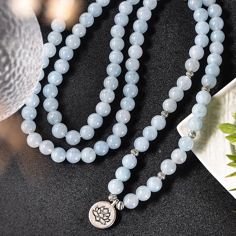 108 8mm Aquamarine Beaded Elastic Cord Wrap Mala Bracelet Meditation Yoga Healing Jewelry Women Charm Rosary Lotus Bangle