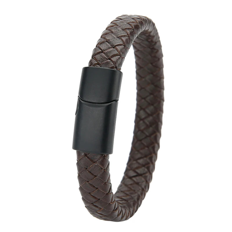 Mibrow Braided Black Leather Men Bracelet 10x5 12x6mm Size Fashion Metal Magnetic Clasp Wrap Bracelets Punk Charm Men Jewelry
