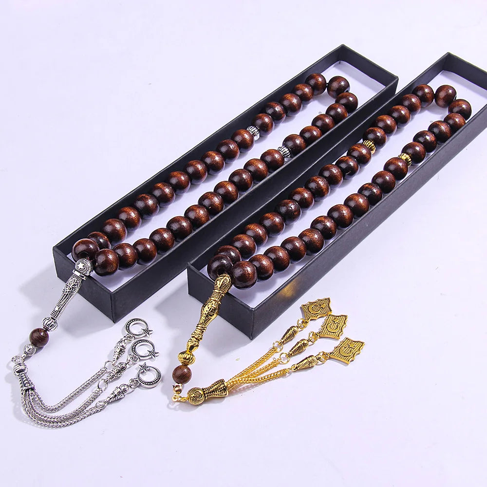 10×12mm Wooden Brown Muslim Rosary Bracelet Prayer Beads Star Moon Bracelet Ideal Gift for Ramadan Holy Anniversary Birthday