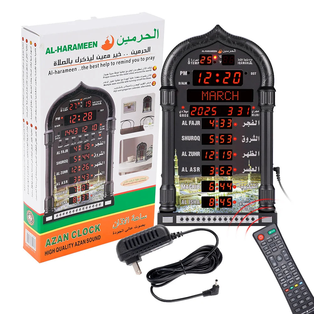 12V USEU Azan Mosque Calendar Muslim Prayer Black Wall Clock Islamic Mosque Azan Calendar Ramadan Home Decor with Remote Control