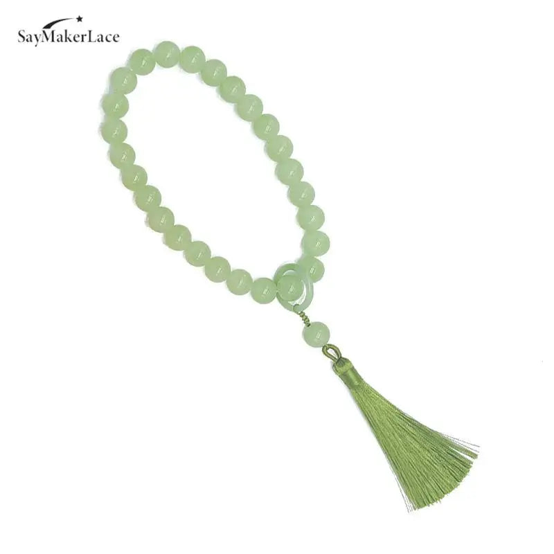 1pcs Green Jade Stone 12mm Beads Tassel Bracelet Necklace Tibetan Buddhist Buddha Charm Rosary Yoga Men Woman Jewelry
