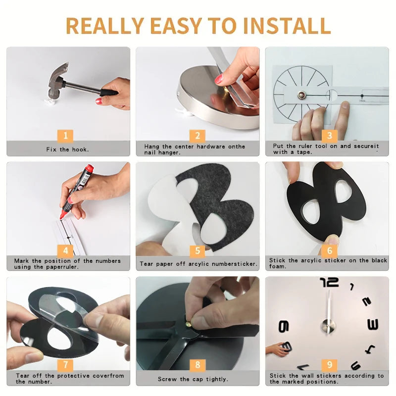 Roman numerals DIY wall clock 3D large wall decoration sticker frameless wall clock decoration living room