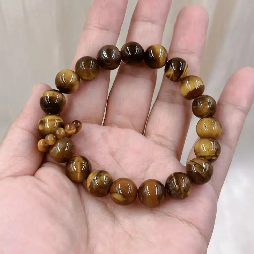 10mm New Style Ring in Ring Energy Yellow Tiger Eye Men Round Natural Gemstone Beads Jewelry Elastic Bracelet 7-8"