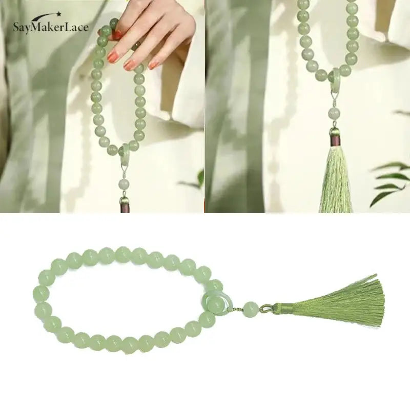 1pcs Green Jade Stone 12mm Beads Tassel Bracelet Necklace Tibetan Buddhist Buddha Charm Rosary Yoga Men Woman Jewelry
