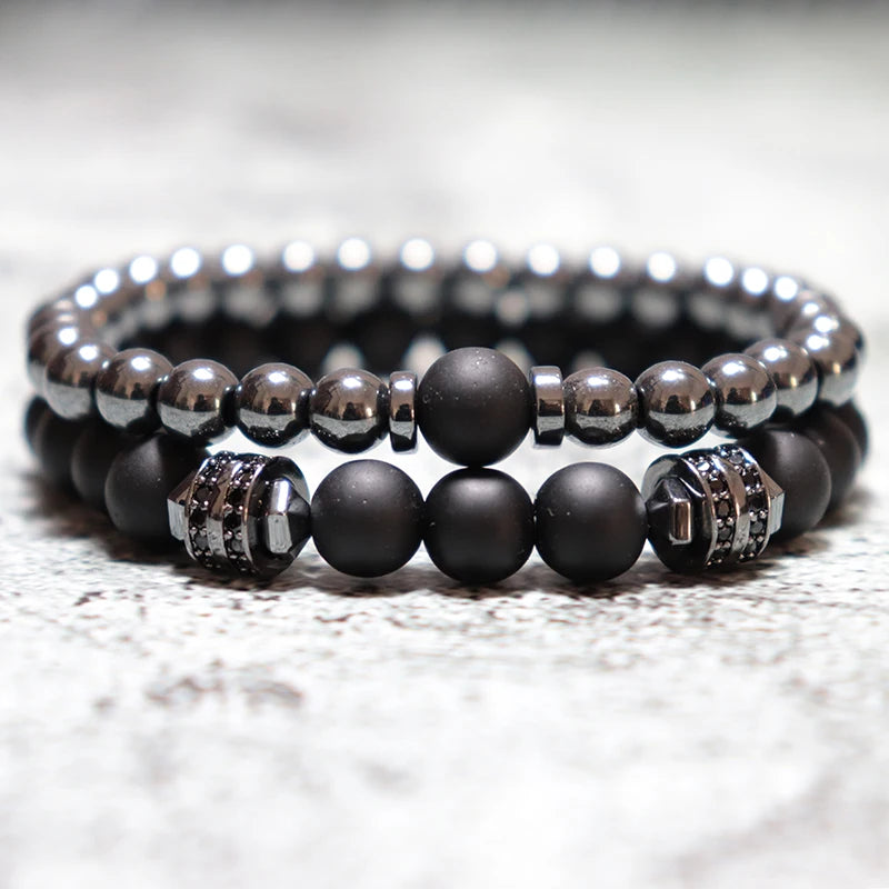 New In Unique Men Bracelet Set Luxury Black Zirconia Braclet Homme Natural Lava Tiger Eyes Stone Braslet Beaded Accessories Gift