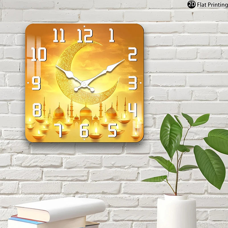 Wall Clock Islamic-themed crescent moon minarets Quartz Square Analog Bedroom Bathroom Christmas Halloween Birthdays Gift
