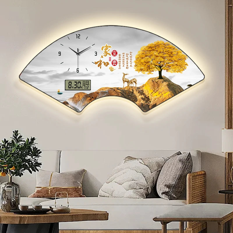 Fan-shaped Perpetual Calendar Electronic Clock Simple Wall Clock Living Room Dining Room Decoration Lamp Picture Clock