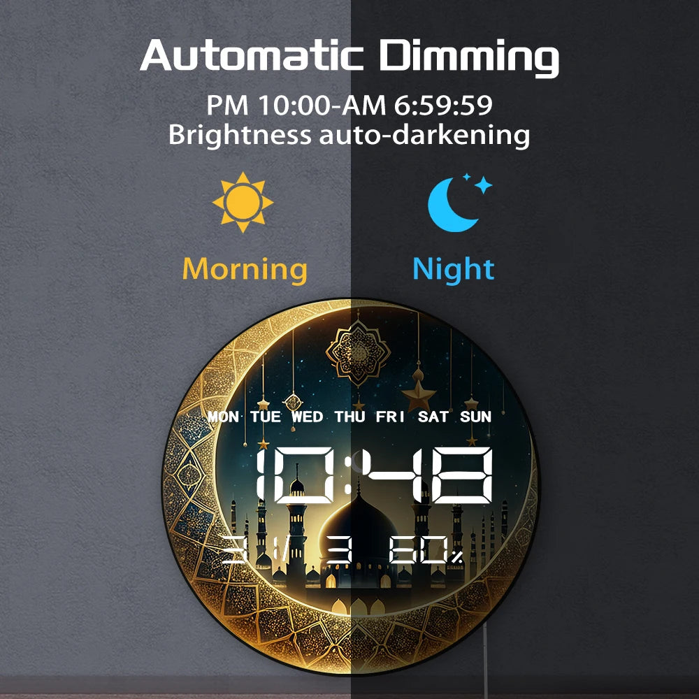 Gold Crescent Moon LED Digital Wall Clock with Timer Date Temperature Islamic Mosque Eid Mubarak Home Decor Electric Wall Clock