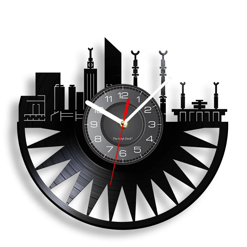 Famous City Mecca Wall Sign Vinyl Record Wall Clock Islamic Vintage Wall Clock Kaba Muslim Architecture Home Decor Clock Gift