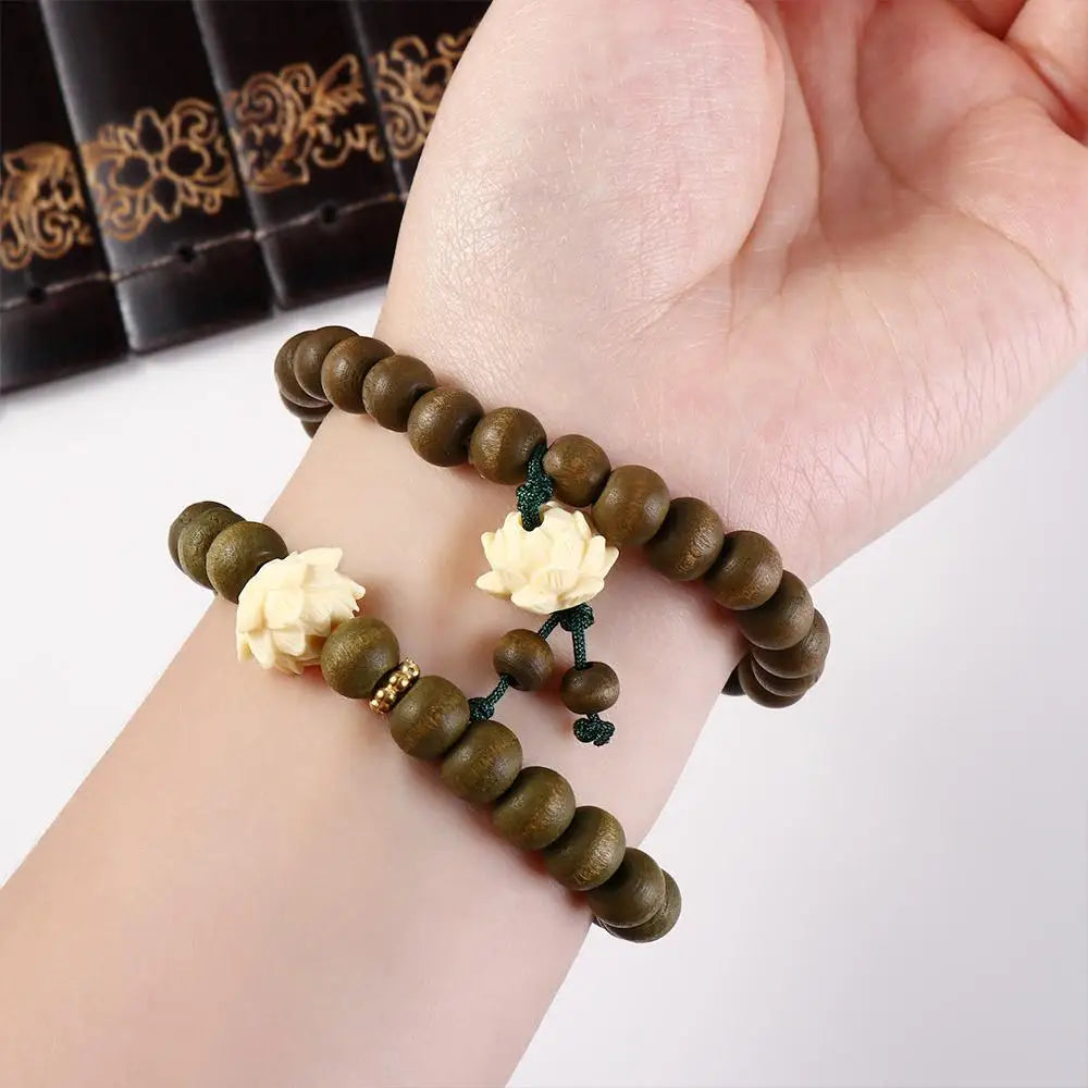 Elastic Flower Sandalwood Bangle Handwoven Rosary Wood Beaded Strand Bracelets Jewelry Hand Chain
