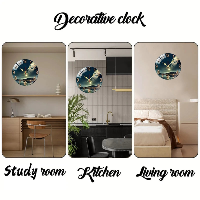 Earth Landscape Wooden Round Silent Hanging Wall Clock, Suitable For Living Room, Office, Study Room, Bedroom, Home Decoration