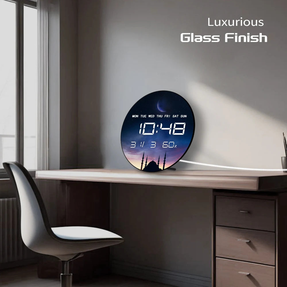 Islamic Eid Celebration Golden Crescent Moon LED Digital Wall Clock with Temperature Humidity Date Calendar Electric Wall Clock