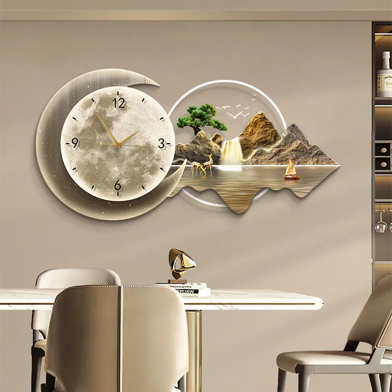 Restaurant Decoration Painting Clock Silent Luxury High Grade Luminous Landscape Mural