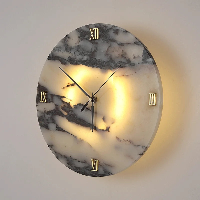 Round Luxury Clock function Natural Stone Alabaster Wall Lamp Living Room Marble Sconce Decor Atmosphere LED High-end LED Light