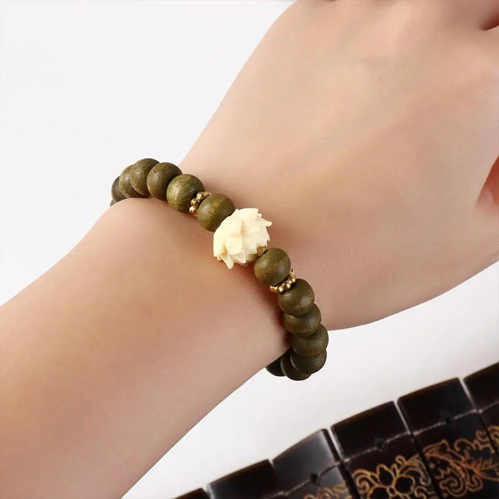 Elastic Flower Sandalwood Bangle Handwoven Rosary Wood Beaded Strand Bracelets Jewelry Hand Chain