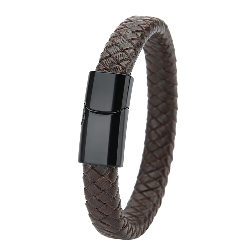 Mibrow Braided Black Leather Men Bracelet 10x5 12x6mm Size Fashion Metal Magnetic Clasp Wrap Bracelets Punk Charm Men Jewelry