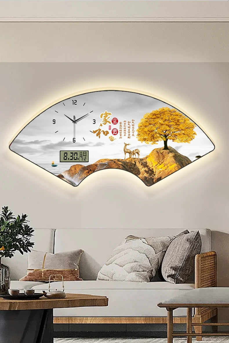 Fan-shaped Perpetual Calendar Electronic Clock Simple Wall Clock Living Room Dining Room Decoration Lamp Picture Clock