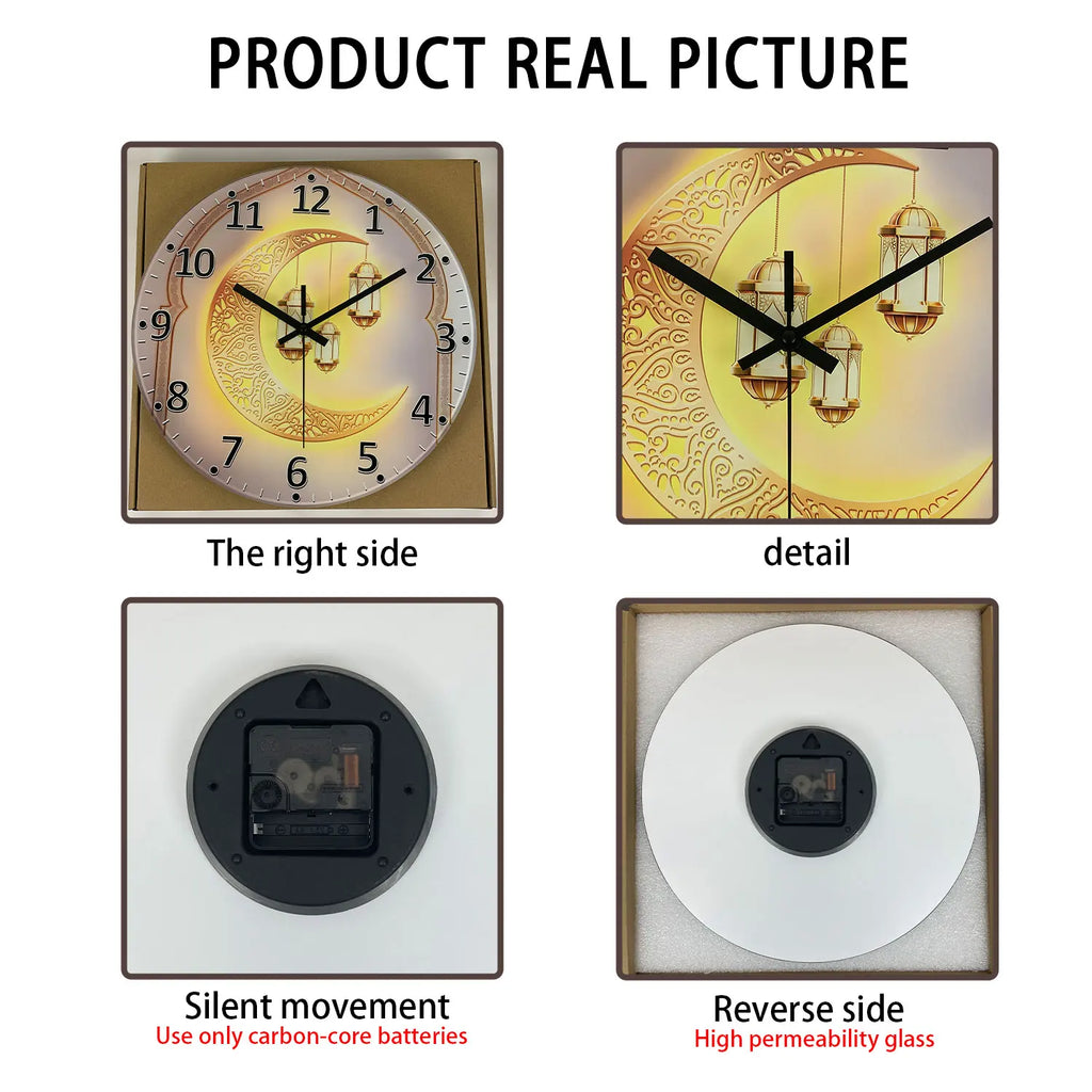 A Modern Accessible Luxury Golden Moon Lantern 4mm Thickeneded Tempered Glass Wall Clock Living Room Bedroom Kitchen Home Decoration Wall Clock Silent Quartz Clock Kaishi Gift 12 Inches 14 Inches 16inch (No Battery)