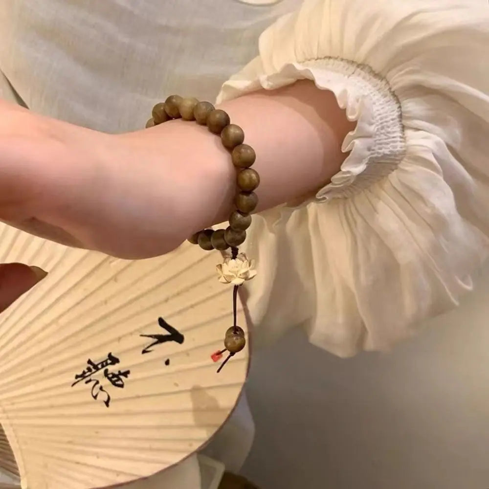 Elastic Flower Sandalwood Bangle Handwoven Rosary Wood Beaded Strand Bracelets Jewelry Hand Chain