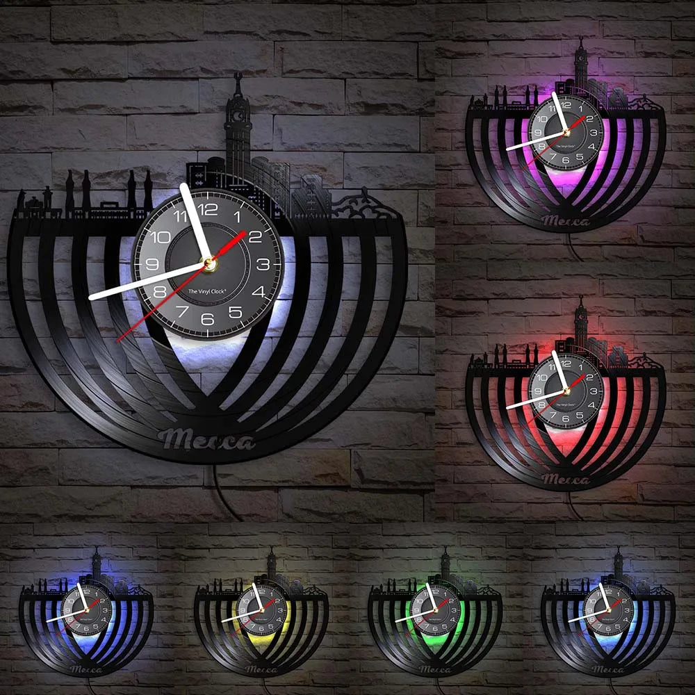 Famous City Mecca Wall Sign Vinyl Record Wall Clock Islamic Vintage Wall Clock Kaba Muslim Architecture Home Decor Clock Gift