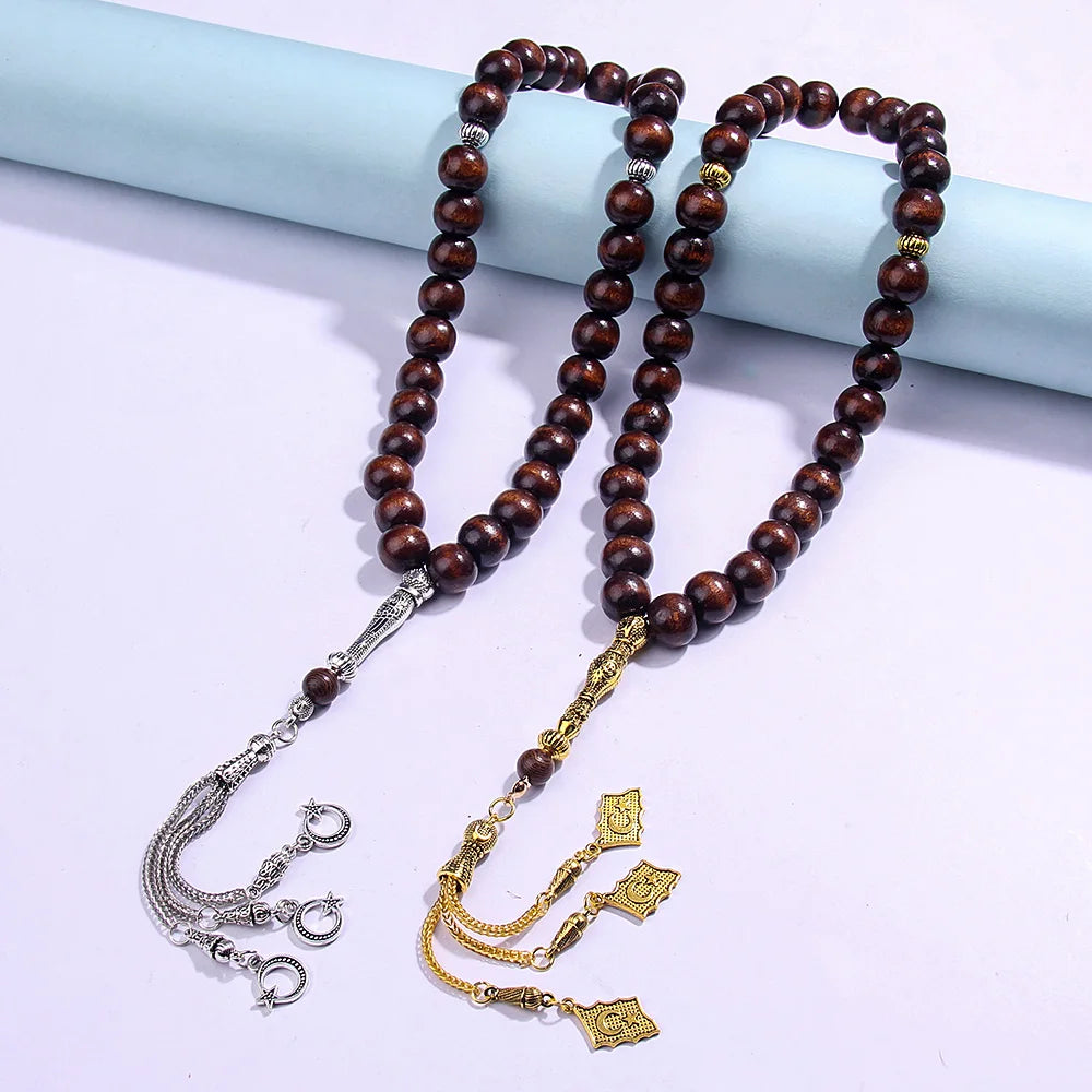 10×12mm Wooden Brown Muslim Rosary Bracelet Prayer Beads Star Moon Bracelet Ideal Gift for Ramadan Holy Anniversary Birthday